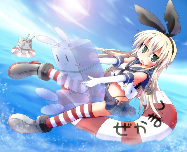 Anime picture 1714x1393 with kantai collection shimakaze destroyer rensouhou-chan yuuhi alpha single long hair looking at viewer blush highres open mouth green eyes white hair midriff girl thighhighs gloves miniskirt elbow gloves sea striped thighhighs