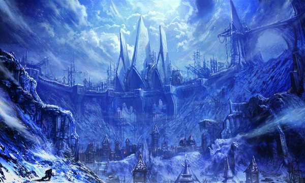 Anime picture 1600x960 with tera online wide image sky cloud (clouds) night sky city cityscape landscape rock boy sword building (buildings) moon house