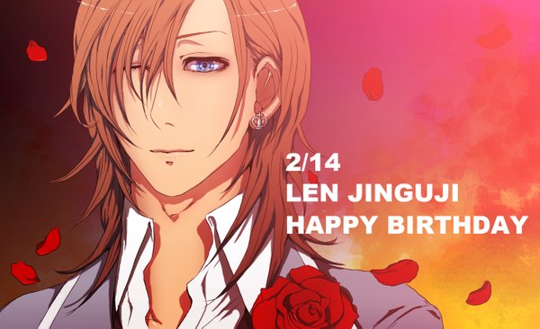 Anime picture 1422x869 with uta no prince-sama a-1 pictures jinguji ren sukichi single fringe blue eyes brown hair wide image hair over one eye portrait face boy flower (flowers) earrings petals rose (roses)