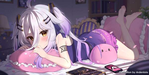 Anime picture 1584x800 with virtual youtuber vshojo henya the genius ardenlolo single long hair blush fringe hair between eyes wide image signed yellow eyes silver hair full body ahoge indoors tattoo two side up gradient hair girl