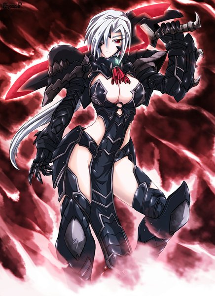 Anime picture 765x1051 with original haganef single long hair tall image looking at viewer light erotic red eyes cleavage white hair girl weapon sword armor