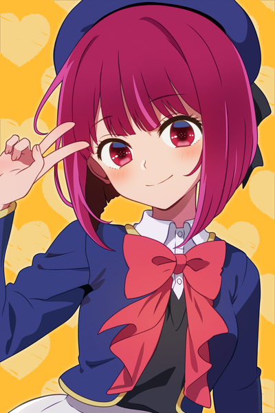 Anime picture 2000x3000 with oshi no ko arima kana yuuki (reiwa) single tall image looking at viewer blush fringe highres short hair smile red eyes upper body red hair victory yellow background girl uniform school uniform heart