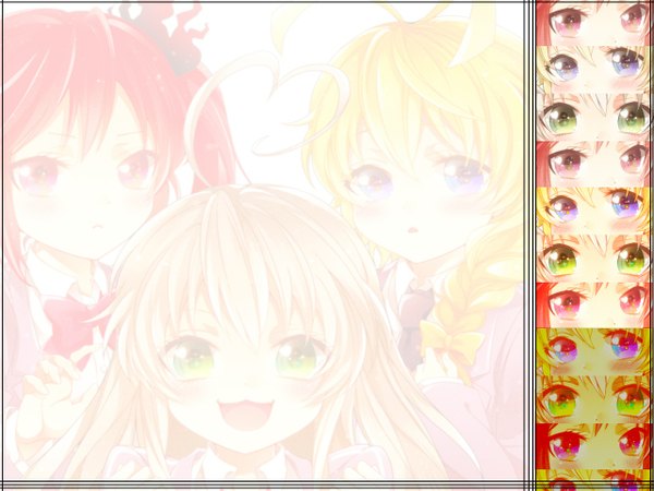 Anime picture 1280x960 with haiyore! nyaruko-san nyaruko cthugha (nyaruko-san) hastur rochmaya (artist) long hair blush blue eyes blonde hair red eyes twintails multiple girls green eyes ahoge red hair grey hair single braid :3 eyes girl