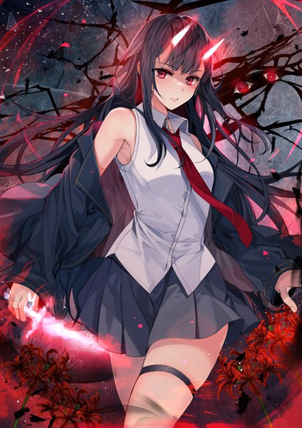 Anime picture 800x1132 with original chocho (homelessfox) single long hair tall image looking at viewer fringe black hair red eyes standing bare shoulders blunt bangs pleated skirt horn (horns) off shoulder skindentation shaded face eyes glowing weapon crack