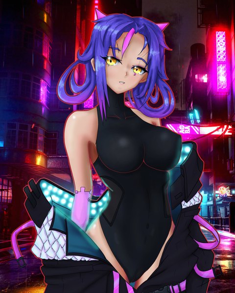 Anime picture 2159x2699 with original rainbow d fox single tall image looking at viewer fringe highres short hair breasts light erotic large breasts standing bare shoulders yellow eyes purple hair outdoors parted lips multicolored hair off shoulder night