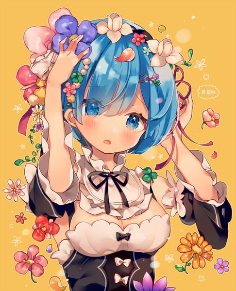 Anime picture 677x836 with re:zero kara hajimeru isekai seikatsu white fox rem (re:zero) ana (rznuscrf) single tall image blush fringe short hair open mouth blue eyes blue hair cleavage upper body hair flower hair over one eye maid character names yellow background hands on head