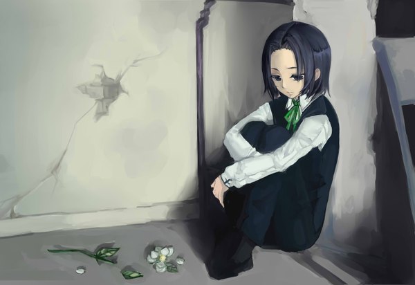 Anime picture 2952x2031 with harry potter severus snape tagme (artist) single highres short hair black hair sitting black eyes alternate age younger boy uniform flower (flowers) school uniform petals wall