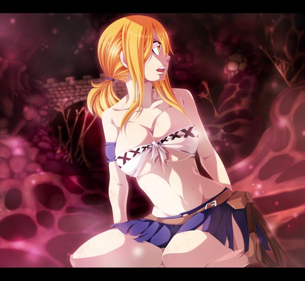 Anime picture 1600x1473 with fairy tail lucy heartfilia salim202 single long hair breasts open mouth light erotic blonde hair large breasts twintails yellow eyes profile pleated skirt kneeling coloring torn clothes girl skirt navel