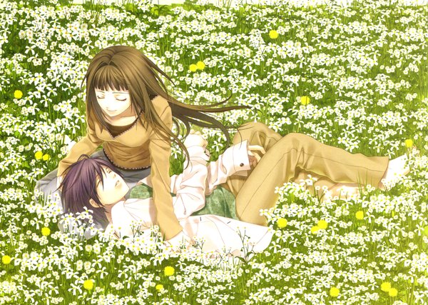 Anime picture 4335x3088 with hiiro no kakera long hair highres short hair brown hair absurdres purple hair eyes closed wind scan sleeping field girl boy flower (flowers)