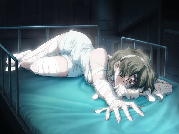 Anime picture 1024x768 with eve zero short hair light erotic brown hair brown eyes game cg lying glowing bed bandage (bandages) eyepatch