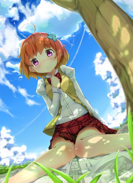 Anime picture 1229x1690 with quanneng jinhua shenying ehuo cu (fsy84738368) single tall image blush short hair sitting cloud (clouds) pink eyes orange hair girl skirt miniskirt shirt