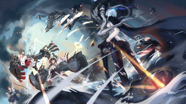 Anime picture 2880x1620 with kantai collection kongou battleship haruna battleship kaga aircraft carrier wo-class aircraft carrier enemy aircraft (kantai collection) anchorage water oni ne-class heavy cruiser bzerox long hair fringe highres black hair hair between eyes brown hair wide image standing multiple girls blue hair looking away