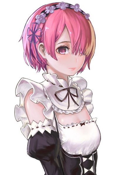 Anime picture 2480x3507 with re:zero kara hajimeru isekai seikatsu white fox ram (re:zero) shou xun bu liang single tall image looking at viewer fringe highres short hair simple background red eyes white background red hair hair over one eye maid girl uniform detached sleeves headdress