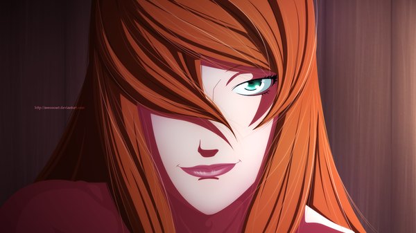 Anime picture 1280x720 with naruto studio pierrot naruto (series) mei terumi (mizukage) zeroooart single long hair fringe smile brown hair wide image green eyes hair over one eye lipstick coloring portrait close-up face girl