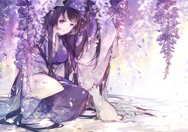 Anime picture 2480x1748 with original miyuki (miyuki0529) looking at viewer highres breasts black hair purple eyes very long hair traditional clothes parted lips japanese clothes light smile wide sleeves floral print squat girl flower (flowers) animal petals kimono