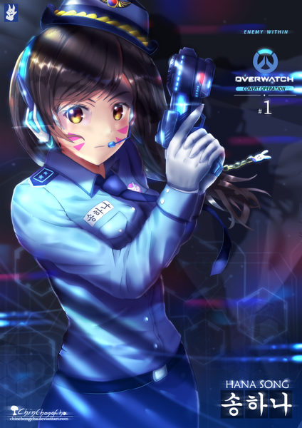 Anime picture 1024x1448 with overwatch production i.g blizzard entertainment d.va (overwatch) officer d.va chinchongcha single long hair tall image looking at viewer fringe hair between eyes brown hair holding brown eyes signed copyright name character names facial mark whisker markings