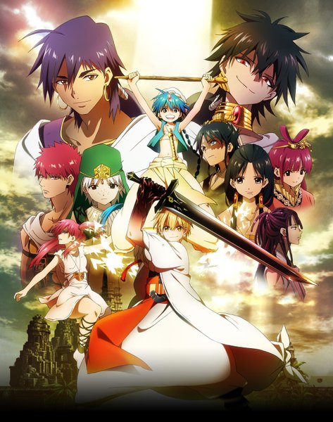 Anime picture 1126x1427 with magi the labyrinth of magic a-1 pictures morgiana judal aladdin (magi) ali baba saluja ja'far (magi) sinbad (magi) ren kougyoku ren hakuryuu ren hakuei masrur kassim shinobu ohtaka (artist) long hair tall image looking at viewer fringe short hair open mouth