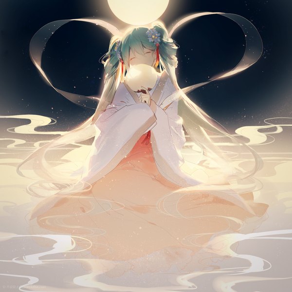 Anime picture 1600x1600 with vocaloid hatsune miku chuushuu meigetsu miku rella single blush sitting twintails holding outdoors white hair eyes closed long sleeves very long hair traditional clothes multicolored hair hair flower fingernails light smile grey hair