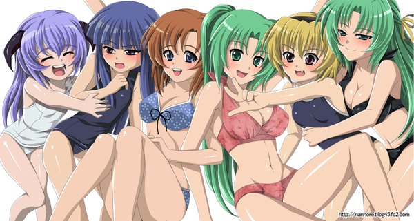 Anime picture 1810x970 with higurashi no naku koro ni studio deen ryuuguu rena furude rika sonozaki mion houjou satoko sonozaki shion hanyuu long hair blush highres short hair open mouth blue eyes light erotic blonde hair red eyes brown hair wide image multiple girls