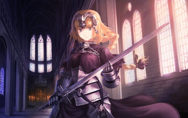 Anime picture 1400x881 with fate (series) fate/apocrypha type-moon jeanne d'arc (fate) (all) jeanne d'arc (fate) doora (dora0913) single long hair looking at viewer fringe breasts blue eyes blonde hair smile standing holding braid (braids) sunlight girl gloves