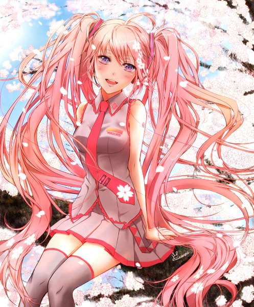 Anime picture 1000x1206 with vocaloid hatsune miku sakura miku kinusagi (artist) single tall image looking at viewer open mouth smile sitting twintails bare shoulders pink hair sky very long hair pink eyes hair flower sunlight arm support cherry blossoms