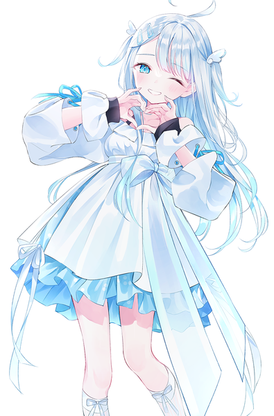 Anime picture 900x1367 with virtual youtuber indie virtual youtuber amatsuka uto nabi (uz02) single long hair tall image looking at viewer blue eyes simple background smile white background silver hair ahoge one eye closed wink two side up grin heart hands girl