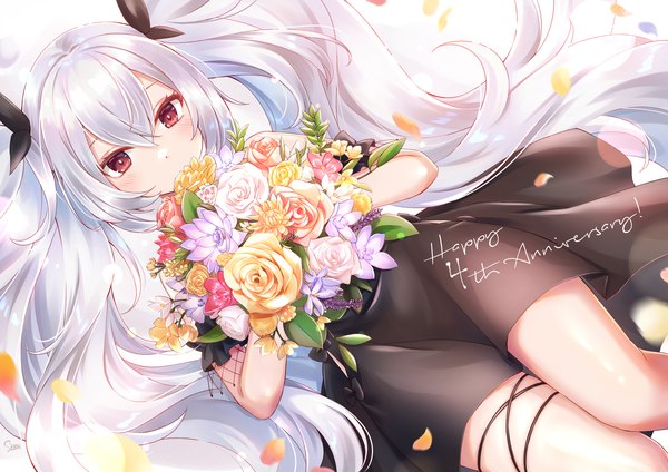 Anime picture 1800x1273 with azur lane laffey (azur lane) sebu illust single blush fringe highres hair between eyes red eyes twintails payot silver hair very long hair dutch angle anniversary girl flower (flowers) petals bouquet