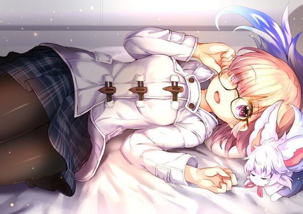 Anime picture 1100x778 with fate (series) fate/grand order mash kyrielight fou (fate) umagenzin single looking at viewer fringe short hair open mouth purple eyes pink hair lying hair over one eye official alternate costume plaid skirt adjusting glasses girl skirt pantyhose