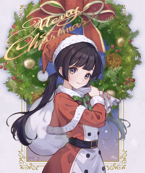 Anime picture 1824x2171 with original yuri yone single long hair tall image fringe highres black hair smile twintails upper body blunt bangs black eyes low twintails border christmas outside border merry christmas girl hat