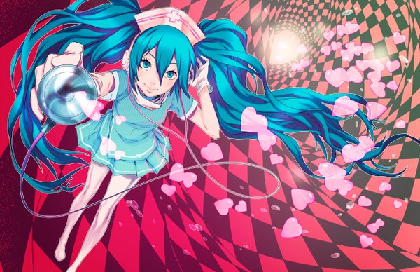 イラスト 1236x800 と ボーカロイド 初音ミク rem (artist) ソロ 長髪 青い目 ツインテール 青い髪 checkered floor 市松模様 nurse checkered background 女の子 手袋 ハート ヘッドフォン ナースキャップ stethoscope phonendoscope