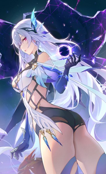Anime picture 1600x2628 with genshin impact skirk (genshin impact) ttosom single long hair tall image looking at viewer fringe breasts light erotic red eyes standing bare shoulders silver hair from behind hair over one eye thighs girl thighhighs gloves