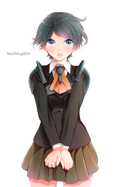 Anime picture 1648x2600 with kantai collection mogami heavy cruiser tebi (tbd11) single tall image looking at viewer blush short hair open mouth black hair simple background white background signed long sleeves pleated skirt black eyes alternate costume dated girl skirt