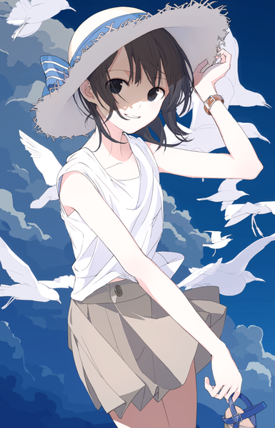 Anime picture 849x1322 with original aspara single tall image looking at viewer fringe short hair open mouth black hair smile holding sky cloud (clouds) pleated skirt wind black eyes sleeveless shaded face striped summer