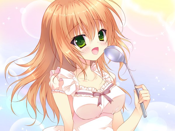 Anime picture 1280x960 with chiisana kanojo no serenade mizuka moriya tsurusaki takahiro single long hair blush open mouth blonde hair green eyes game cg girl dress