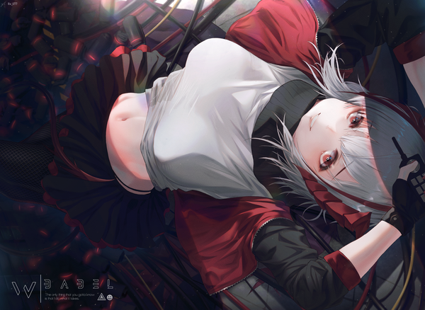 Anime picture 4458x3256 with arknights w (arknights) xi-u single looking at viewer fringe highres short hair smile red eyes holding absurdres silver hair lying parted lips multicolored hair from above arms up open jacket midriff