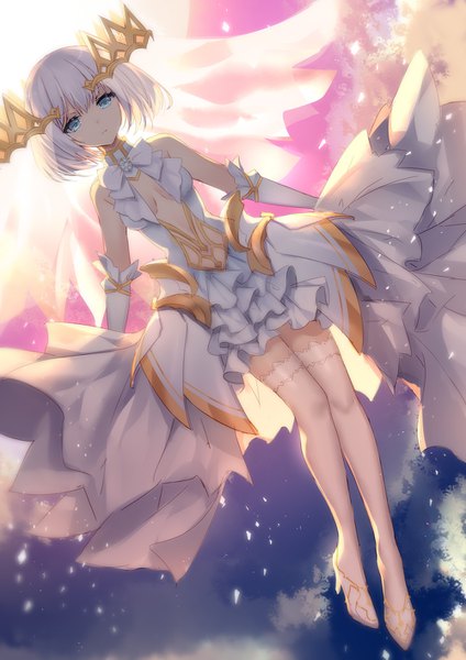 Anime picture 1000x1415 with date a live tobiichi origami bison cangshu single tall image looking at viewer fringe short hair breasts blue eyes light erotic white background bare shoulders full body white hair high heels dutch angle sideboob girl thighhighs