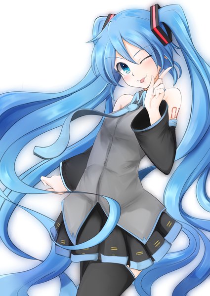 Anime picture 2149x3035 with vocaloid hatsune miku kazenoko single tall image looking at viewer blush highres blue eyes simple background white background twintails bare shoulders blue hair very long hair one eye closed wink :p girl thighhighs