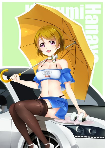 Anime picture 815x1151 with love live! school idol project sunrise (studio) love live! koizumi hanayo qiuzhi huiyi single tall image looking at viewer short hair open mouth blonde hair sitting purple eyes girl thighhighs skirt navel black thighhighs miniskirt umbrella