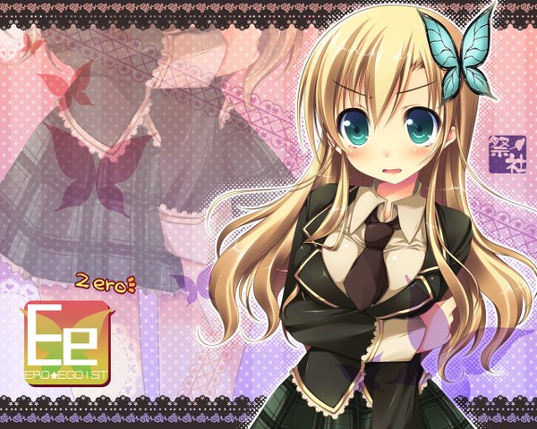 Anime picture 1280x1024 with boku wa tomodachi ga sukunai kashiwazaki sena nanaroba hana single long hair looking at viewer blush blonde hair green eyes girl uniform hair ornament school uniform butterfly hair ornament