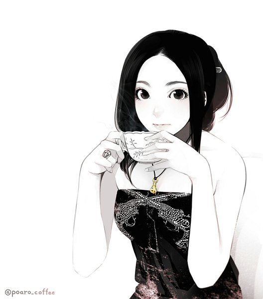Anime picture 1000x1136 with original poaro single long hair tall image looking at viewer black hair simple background white background bare shoulders black eyes girl dress pendant ring necklace cup teacup