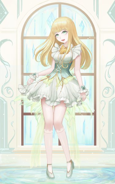 Anime picture 2500x4000 with original rinmmo single long hair tall image looking at viewer fringe highres breasts open mouth blonde hair smile standing green eyes payot full body blunt bangs head tilt :d knees touching