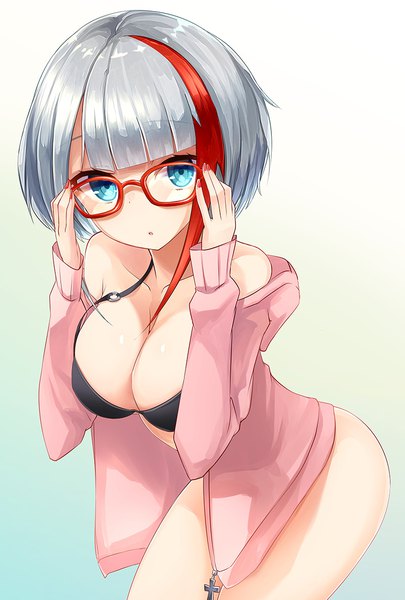 Anime picture 800x1183 with azur lane admiral graf spee (azur lane) oshishio single tall image looking at viewer fringe short hair breasts blue eyes light erotic simple background large breasts standing bare shoulders cleavage silver hair red hair blunt bangs nail polish