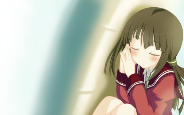 Anime picture 2048x1280 with astralair no shiroki towa long hair blush highres black hair game cg eyes closed sleeping girl uniform school uniform