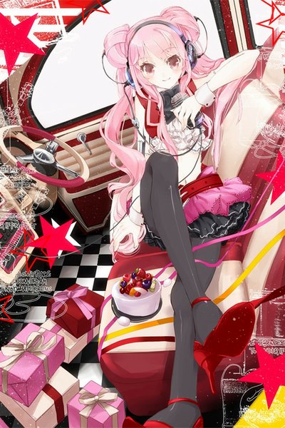 Anime picture 640x960 with original requiem single long hair tall image looking at viewer smile sitting holding pink hair bent knee (knees) pink eyes inscription bare belly hair bun (hair buns) high heels crossed legs pale skin reclining checkered floor