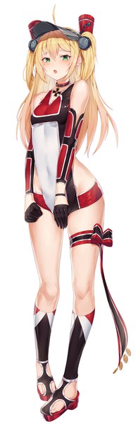 Anime picture 720x2195 with azur lane admiral hipper (azur lane) btraphen single long hair tall image looking at viewer blush fringe breasts open mouth light erotic simple background blonde hair hair between eyes standing white background bare shoulders green eyes payot