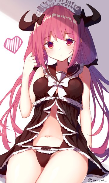 Anime picture 647x1080 with original tsuzaki tsunomi single long hair tall image looking at viewer blush fringe breasts light erotic simple background red eyes sitting twintails signed payot pink hair horn (horns) twitter username low twintails