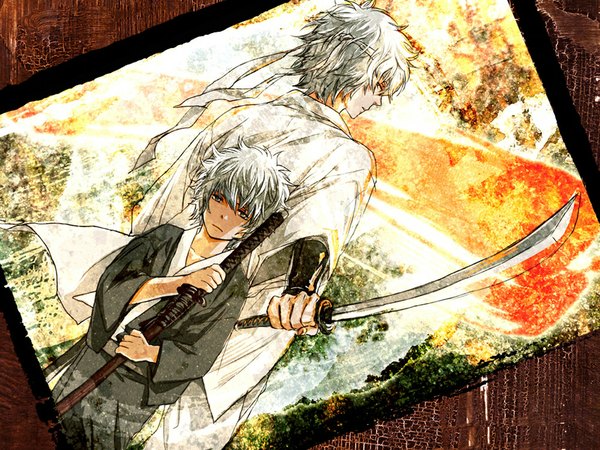 Anime picture 1024x768 with gintama sunrise (studio) sakata gintoki acaco silver hair japanese clothes profile looking back from behind grey eyes back dual persona curly hair warrior samurai boy weapon sword armor hachimaki