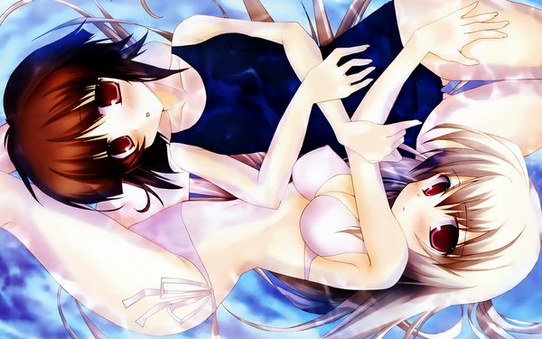 Anime picture 1024x640 with long hair short hair breasts light erotic red eyes brown hair wide image multiple girls white hair girl 2 girls swimsuit one-piece swimsuit