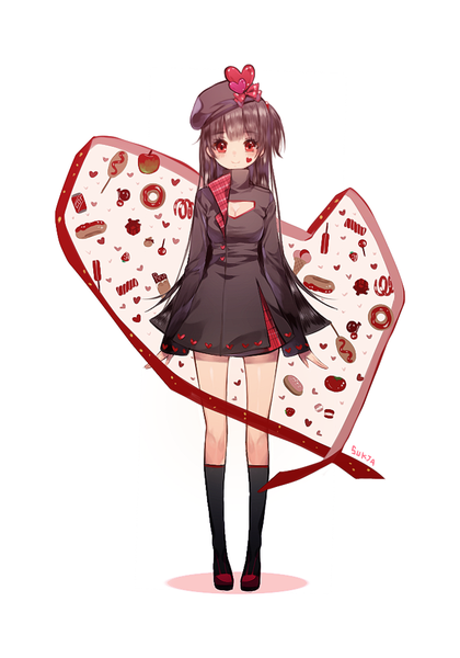 Anime picture 700x1000 with original sorolp single long hair tall image looking at viewer blush fringe smile red eyes brown hair standing tattoo facial mark valentine girl ribbon (ribbons) socks food heart