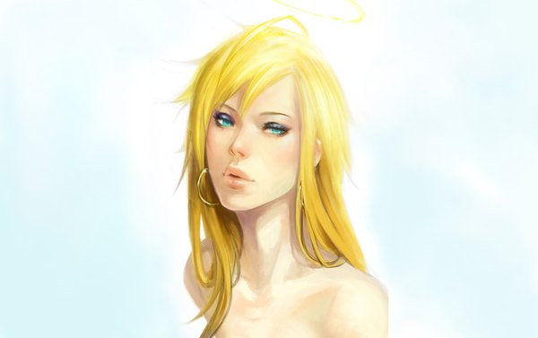 Anime picture 1800x1133 with panty & stocking with garterbelt anarchy panty noa ikeda single long hair highres simple background blonde hair aqua eyes lips realistic portrait topless face girl earrings hoop earrings